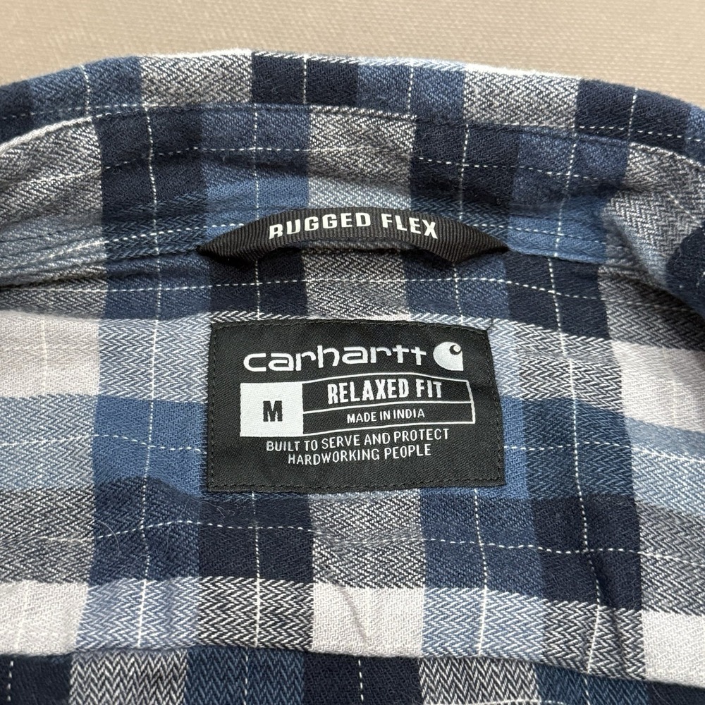 Carhartt Relaxed Fit Blue White Plaid Flannel Pearl Snap Shirt M Western Chore - Picture 4 of 7